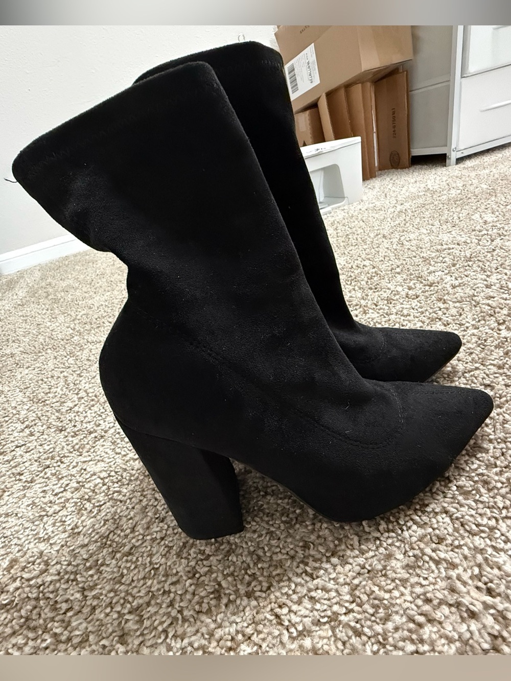 Boohoo Black Suede Chunky Heel Mid-Calf Boots